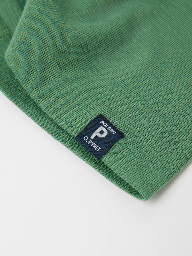 Green Merino Wool Kids Beanie Hat from the Polarn O. Pyret kidswear collection. Ethically produced kids outerwear.