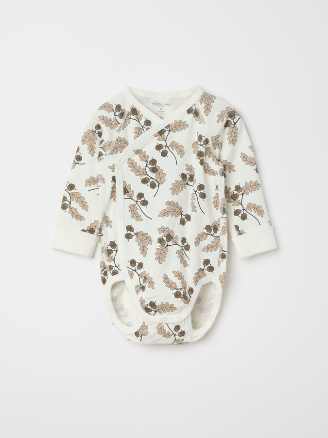 Acorn Print Wraparound Babygrow from the Polarn O. Pyret baby collection. Nordic kids clothes made from sustainable sources.