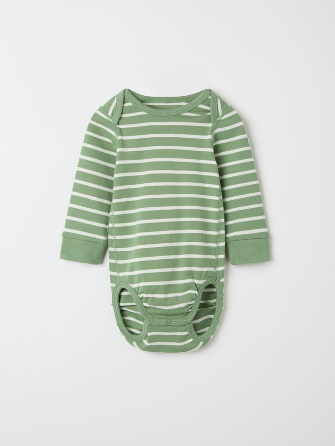 Green Striped Organic Cotton Babygrow from the Polarn O. Pyret baby collection. Nordic kids clothes made from sustainable sources.