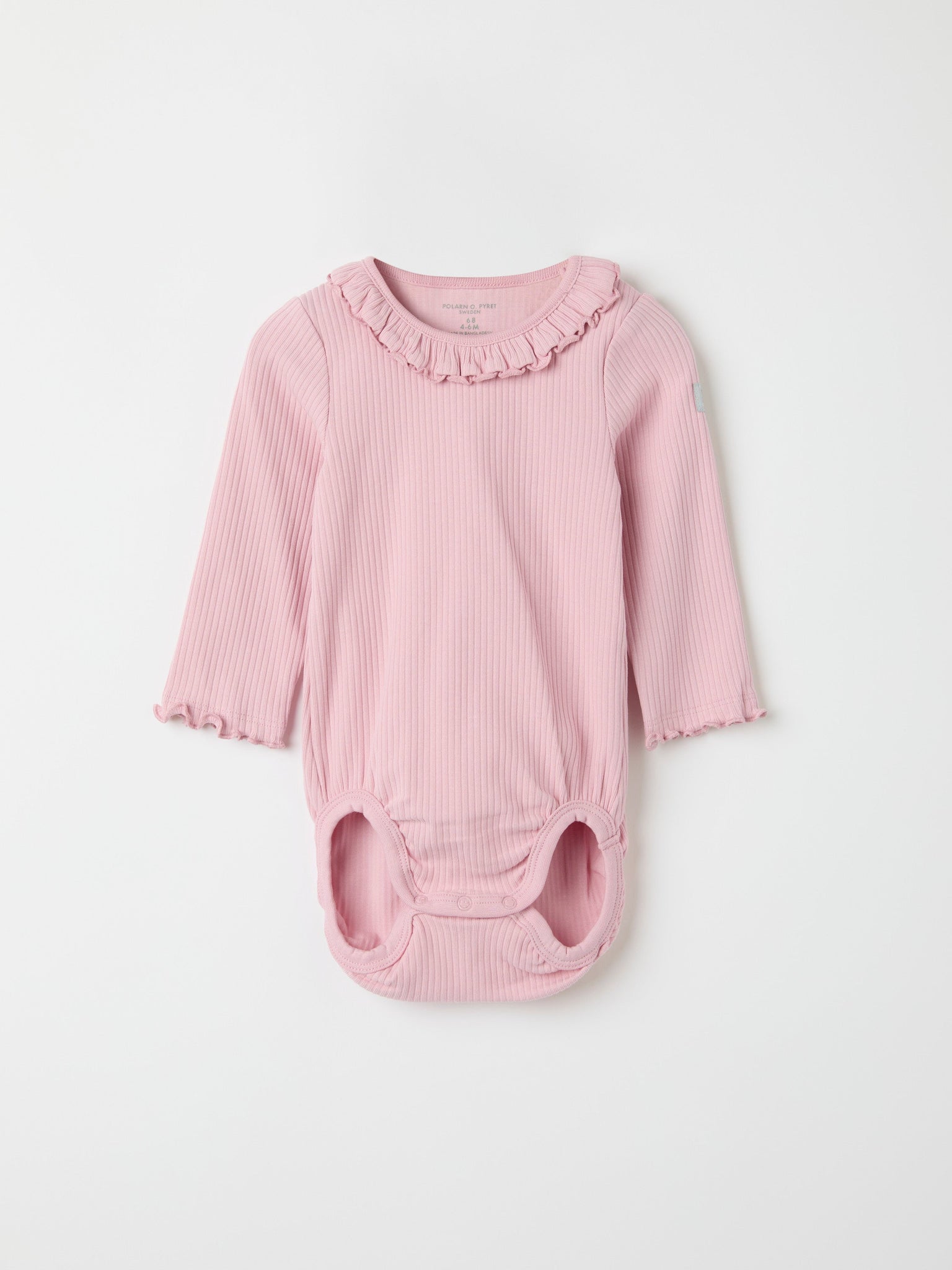 Pink Frilled Organic Cotton Babygrow from the Polarn O. Pyret baby collection. Ethically produced kids clothing.