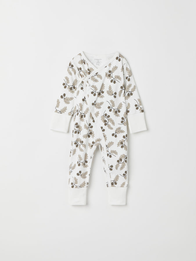 Acorn Print Cotton Baby Romper from the Polarn O. Pyret baby collection. Nordic kids clothes made from sustainable sources.