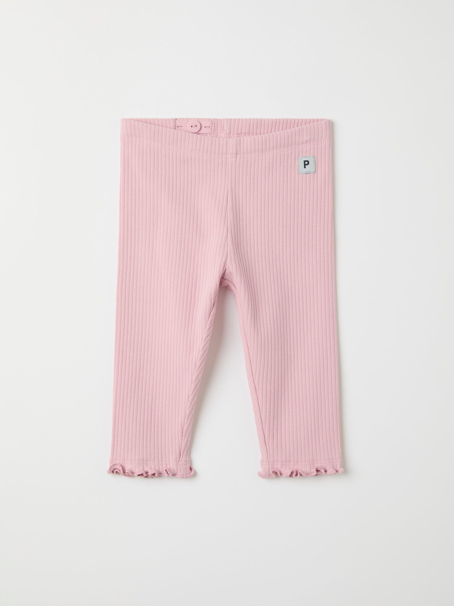 Pink Ribbed Baby Leggings from the Polarn O. Pyret baby collection. Clothes made using sustainably sourced materials.