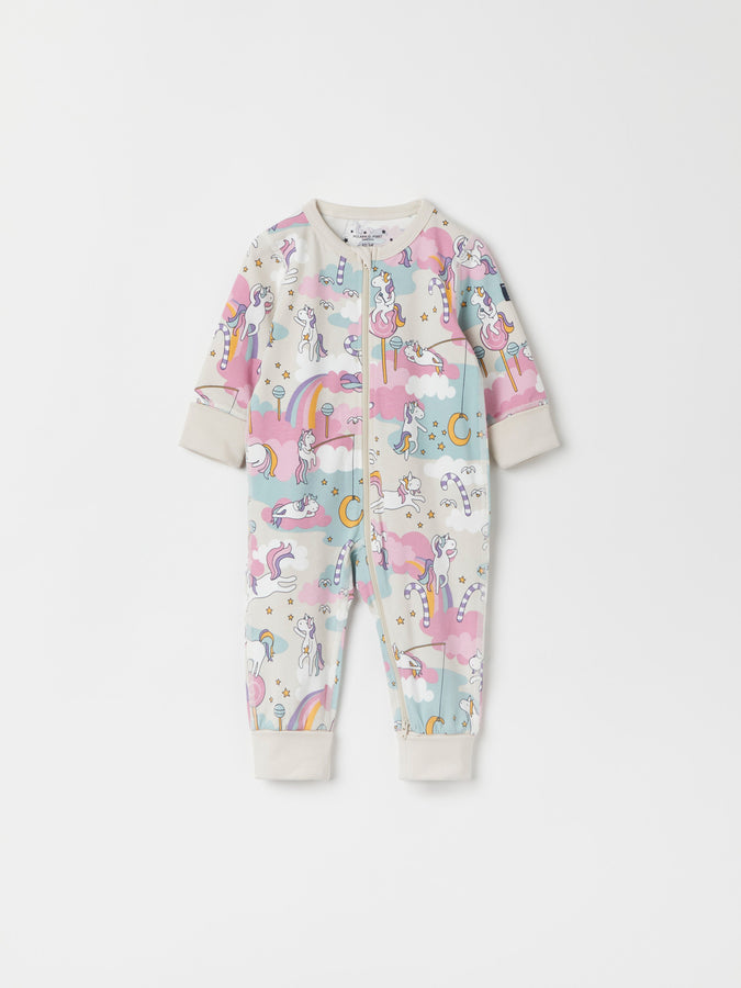 Unicorn Print Cotton Baby Sleepsuit from the Polarn O. Pyret baby collection. Clothes made using sustainably sourced materials.