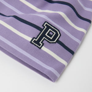 Purple Striped Kids Beanie Hat from the Polarn O. Pyret kidswear collection. Ethically produced kids outerwear.