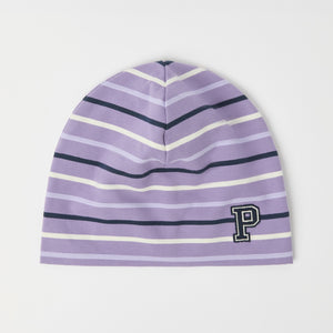 Purple Striped Kids Beanie Hat from the Polarn O. Pyret kidswear collection. Ethically produced kids outerwear.