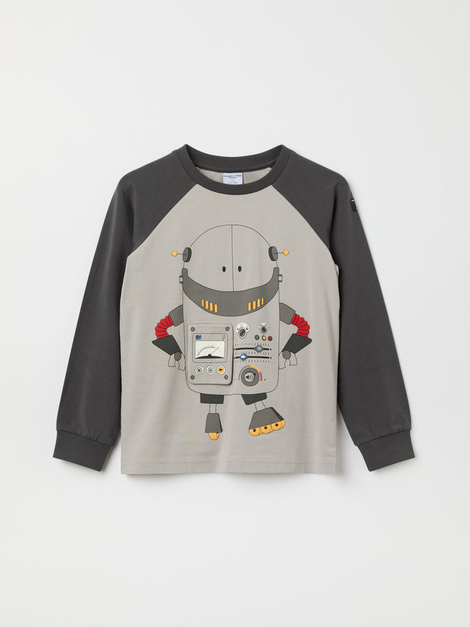 Grey Robot Motif Kids Top from the Polarn O. Pyret kidswear collection. Ethically produced kids clothing.