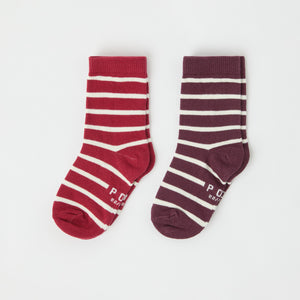 Two Pack Red Striped Kids Socks from the Polarn O. Pyret kidswear collection. Nordic kids clothes made from sustainable sources.