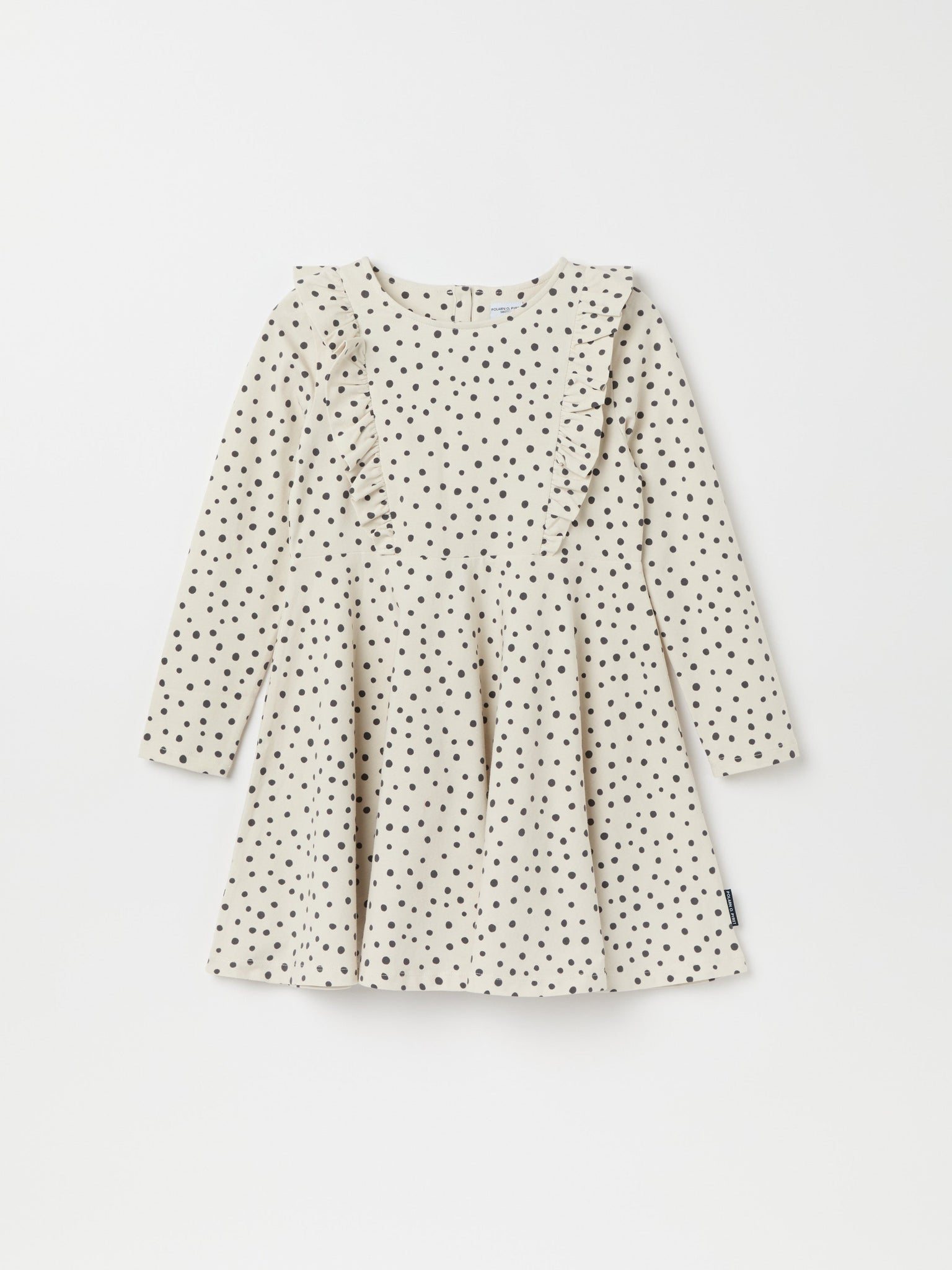 Organic Cotton Polka Dot Print Kids Dress from the Polarn O. Pyret kidswear collection. Ethically produced kids clothing.