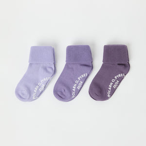 Three Pack Purple Antislip Kids Socks from the Polarn O. Pyret kidswear collection. Ethically produced kids clothing.