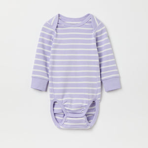 Purple Striped Babygrow from the Polarn O. Pyret baby collection. Clothes made using sustainably sourced materials.