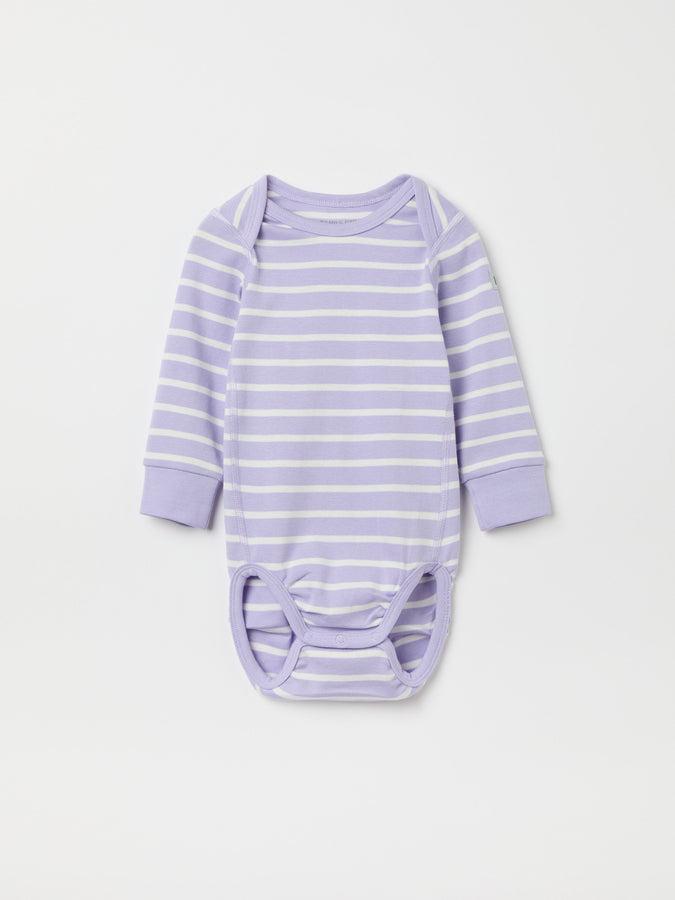 Purple Striped Babygrow from the Polarn O. Pyret baby collection. Clothes made using sustainably sourced materials.