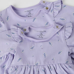 Purple Floral Print Babygrow Dress from the Polarn O. Pyret baby collection. Ethically produced kids clothing.