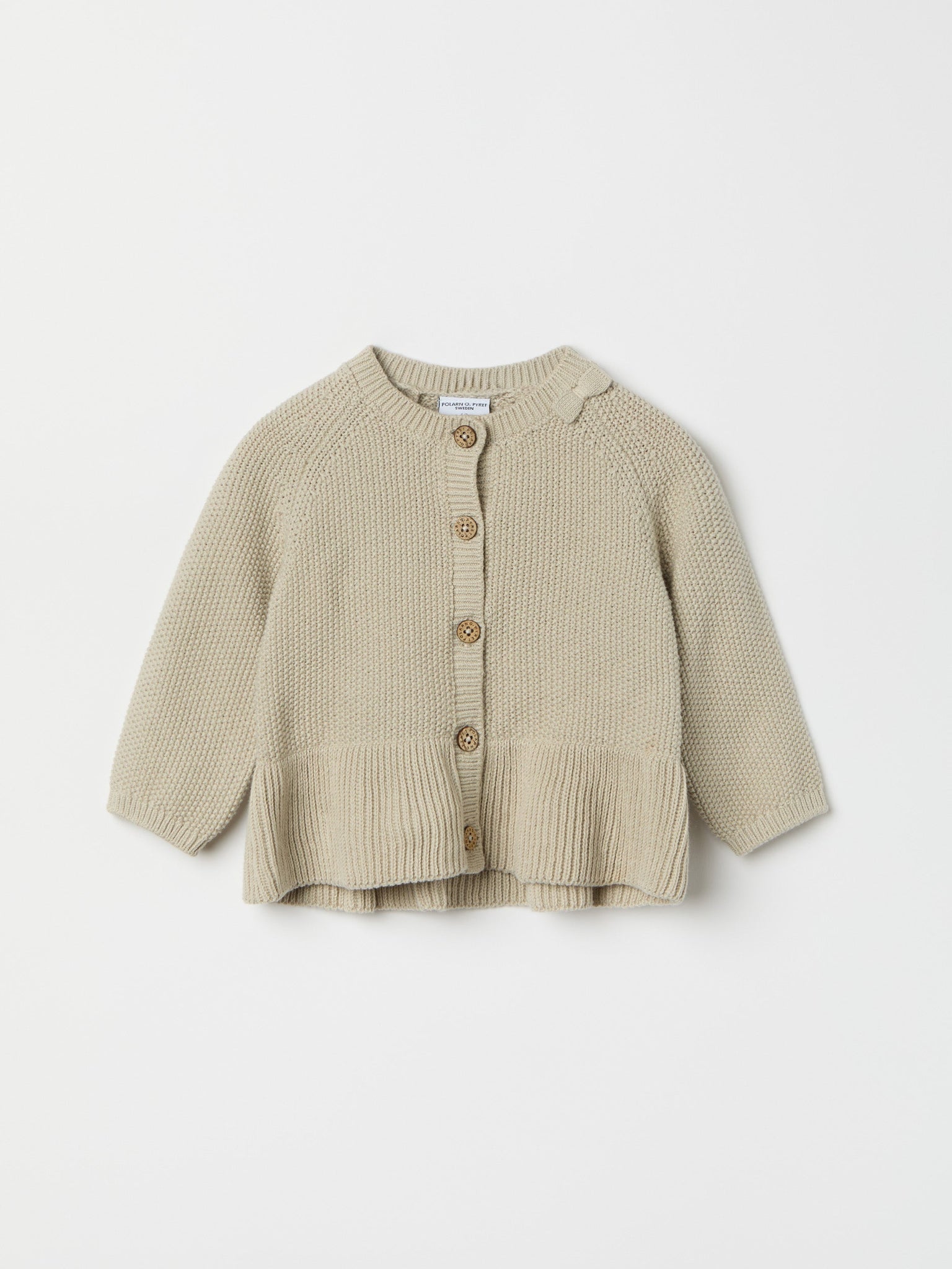 Beige Cotton Frilled Baby Cardigan from the Polarn O. Pyret baby collection. The best ethical kids clothes