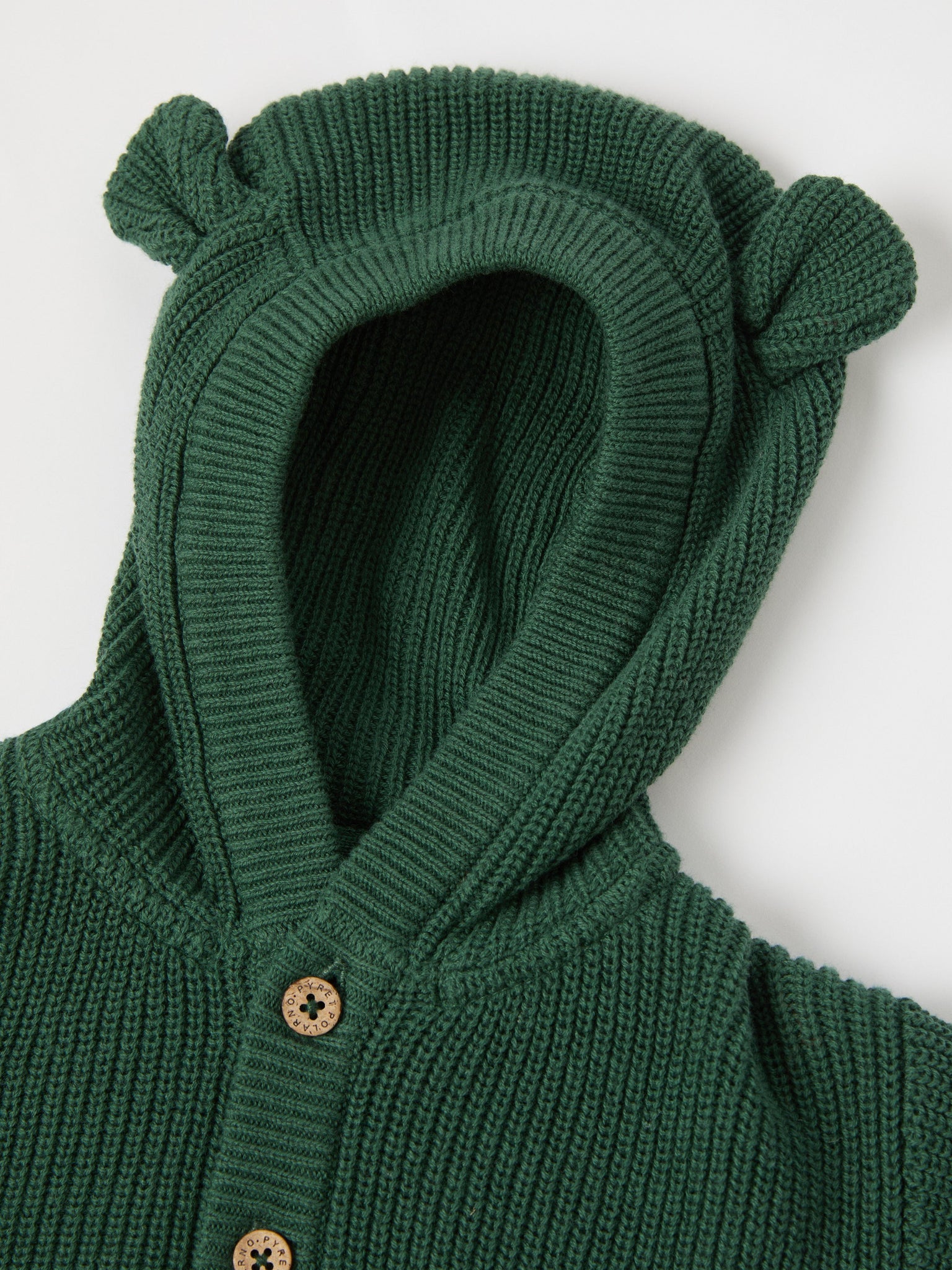 Green Cotton Knitted Baby Hoodie from the Polarn O. Pyret baby collection. Nordic kids clothes made from sustainable sources.