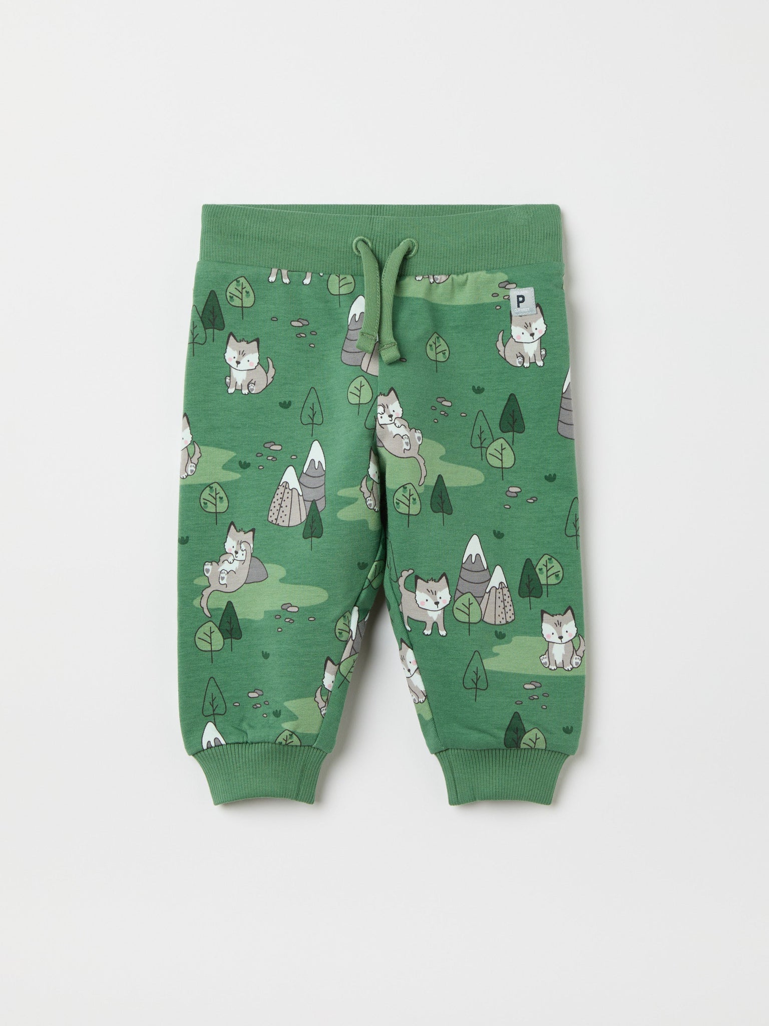 Green Fox Print Baby Joggers from the Polarn O. Pyret baby collection. Clothes made using sustainably sourced materials.