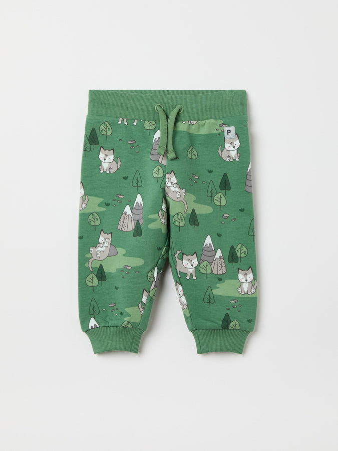 Green Fox Print Baby Joggers from the Polarn O. Pyret baby collection. Clothes made using sustainably sourced materials.