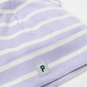 Purple Striped Baby Beanie Hat from the Polarn O. Pyret baby collection. Clothes made using sustainably sourced materials.