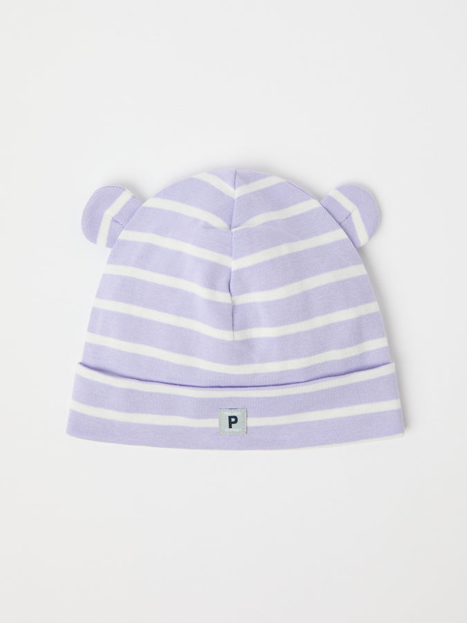 Purple Striped Baby Beanie Hat from the Polarn O. Pyret baby collection. Clothes made using sustainably sourced materials.