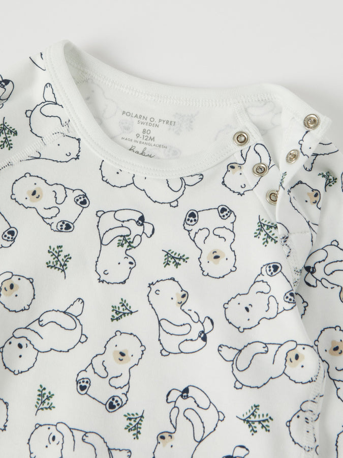 Organic Cotton Bear Print Babygrow from the Polarn O. Pyret baby collection. Nordic kids clothes made from sustainable sources.