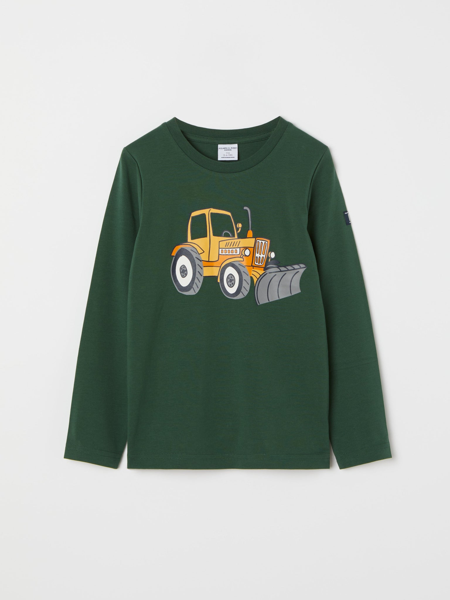 Tractor Print Cotton Kids Top from the Polarn O. Pyret kidswear collection. Nordic kids clothes made from sustainable sources.