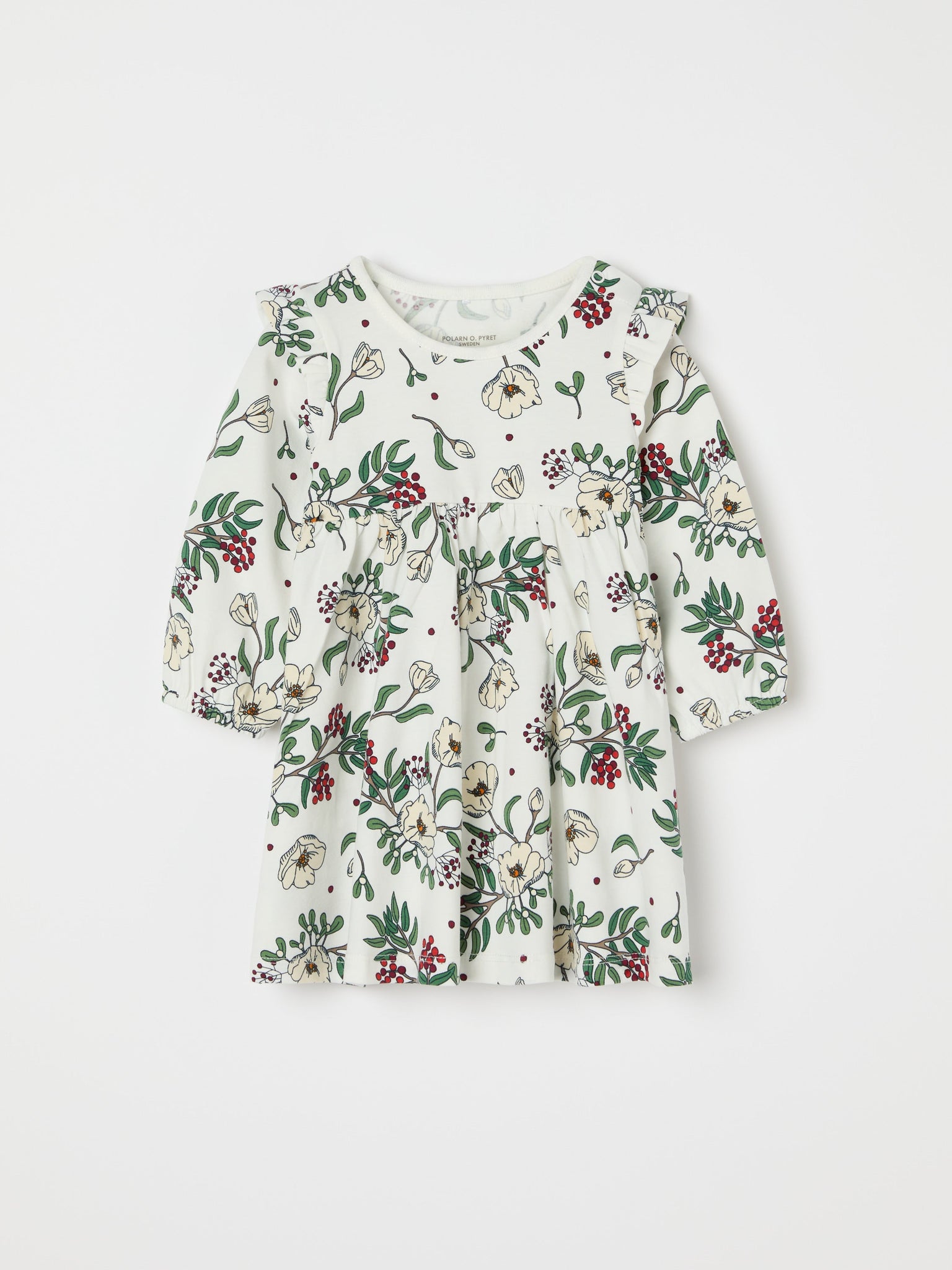 Organic Cotton Floral Print Baby Dress from the Polarn O. Pyret baby collection. Nordic kids clothes made from sustainable sources.