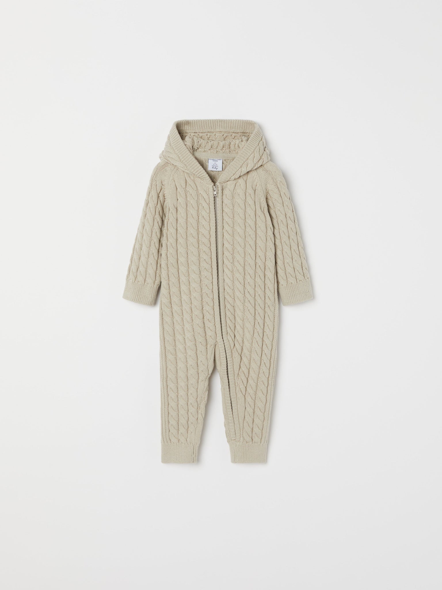 Cable Knit Baby Hooded All-in-one from the Polarn O. Pyret baby collection. Nordic kids clothes made from sustainable sources.