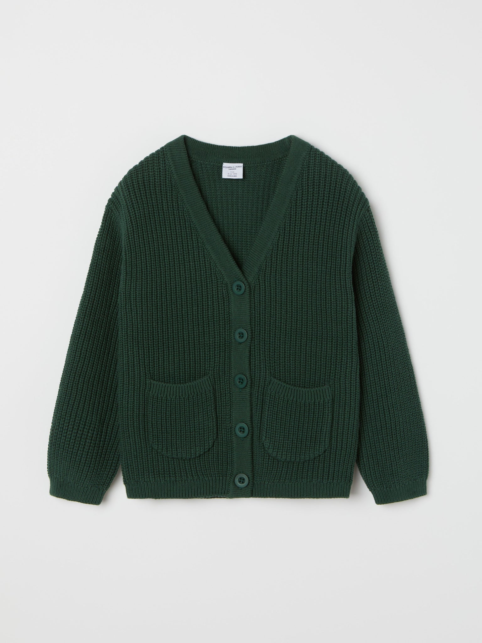 Green Ribbed Kids Cardigan from the Polarn O. Pyret kidswear collection. Clothes made using sustainably sourced materials.