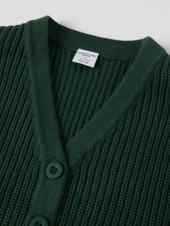 Green Ribbed Kids Cardigan from the Polarn O. Pyret kidswear collection. Clothes made using sustainably sourced materials.