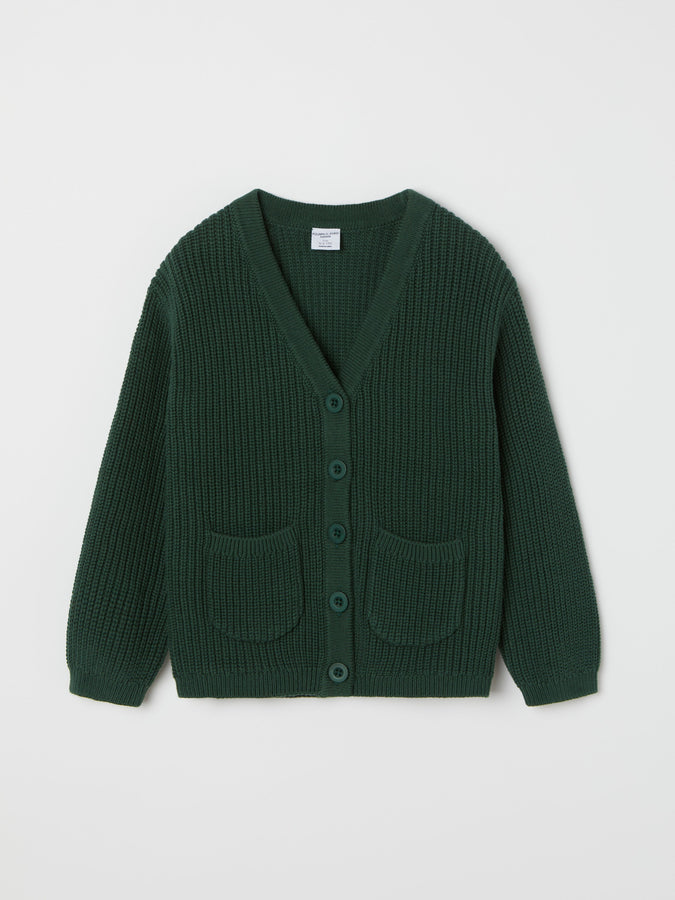 Green Ribbed Kids Cardigan from the Polarn O. Pyret kidswear collection. Clothes made using sustainably sourced materials.