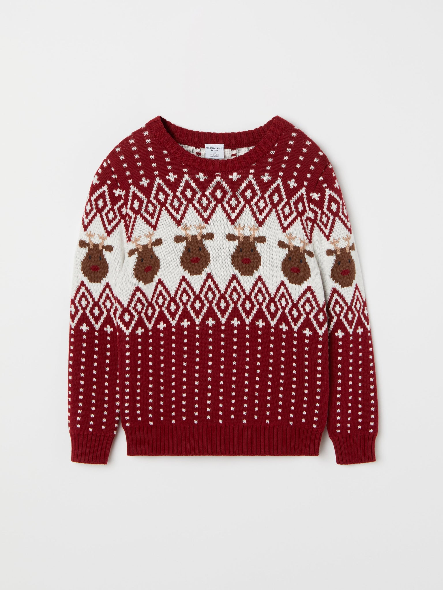 Red Reindeer Fairisle Kids Jumper from the Polarn O. Pyret kidswear collection. Nordic kids clothes made from sustainable sources.