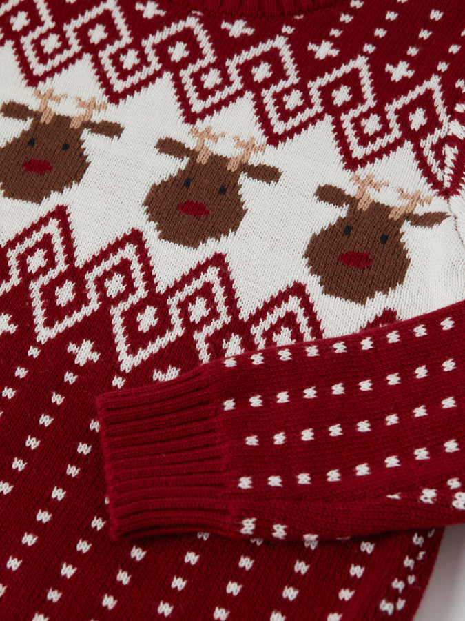 Red Reindeer Fairisle Kids Jumper from the Polarn O. Pyret kidswear collection. Nordic kids clothes made from sustainable sources.