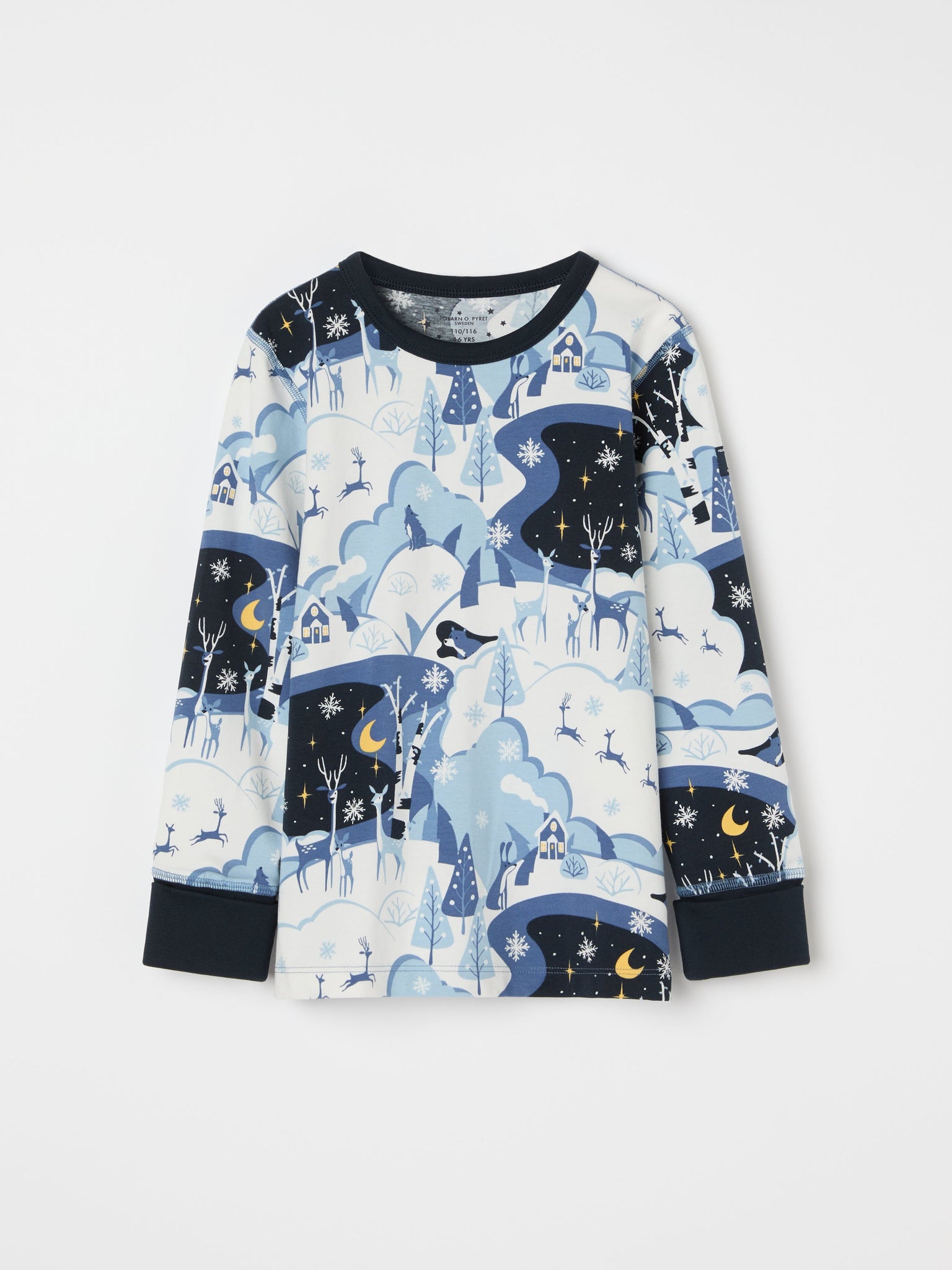 Winter Forest Print Kids Pyjamas from the Polarn O. Pyret kidswear collection. Clothes made using sustainably sourced materials.