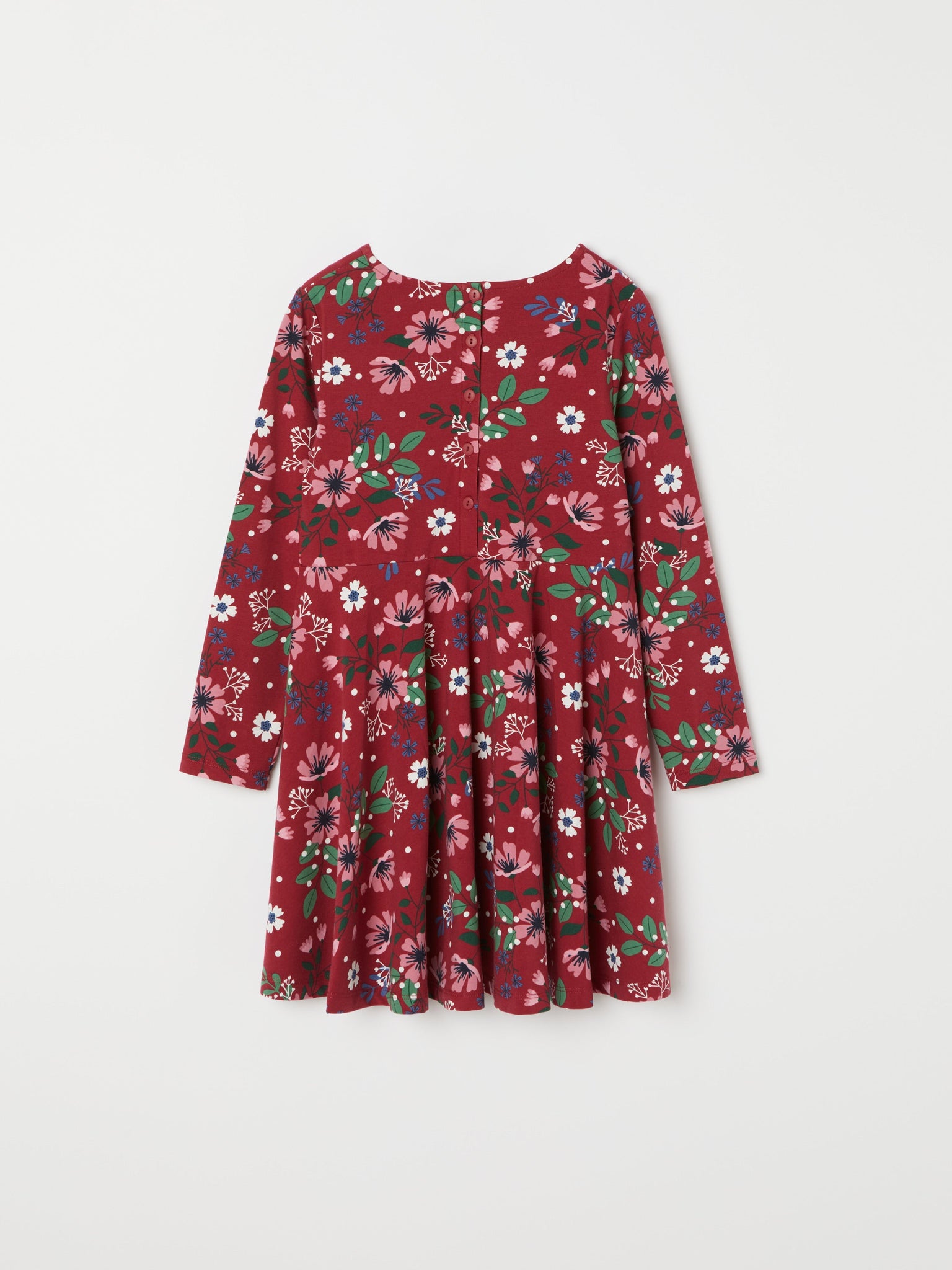 Festive Floral Print Kids Dress from the Polarn O. Pyret kidswear collection. Nordic kids clothes made from sustainable sources.