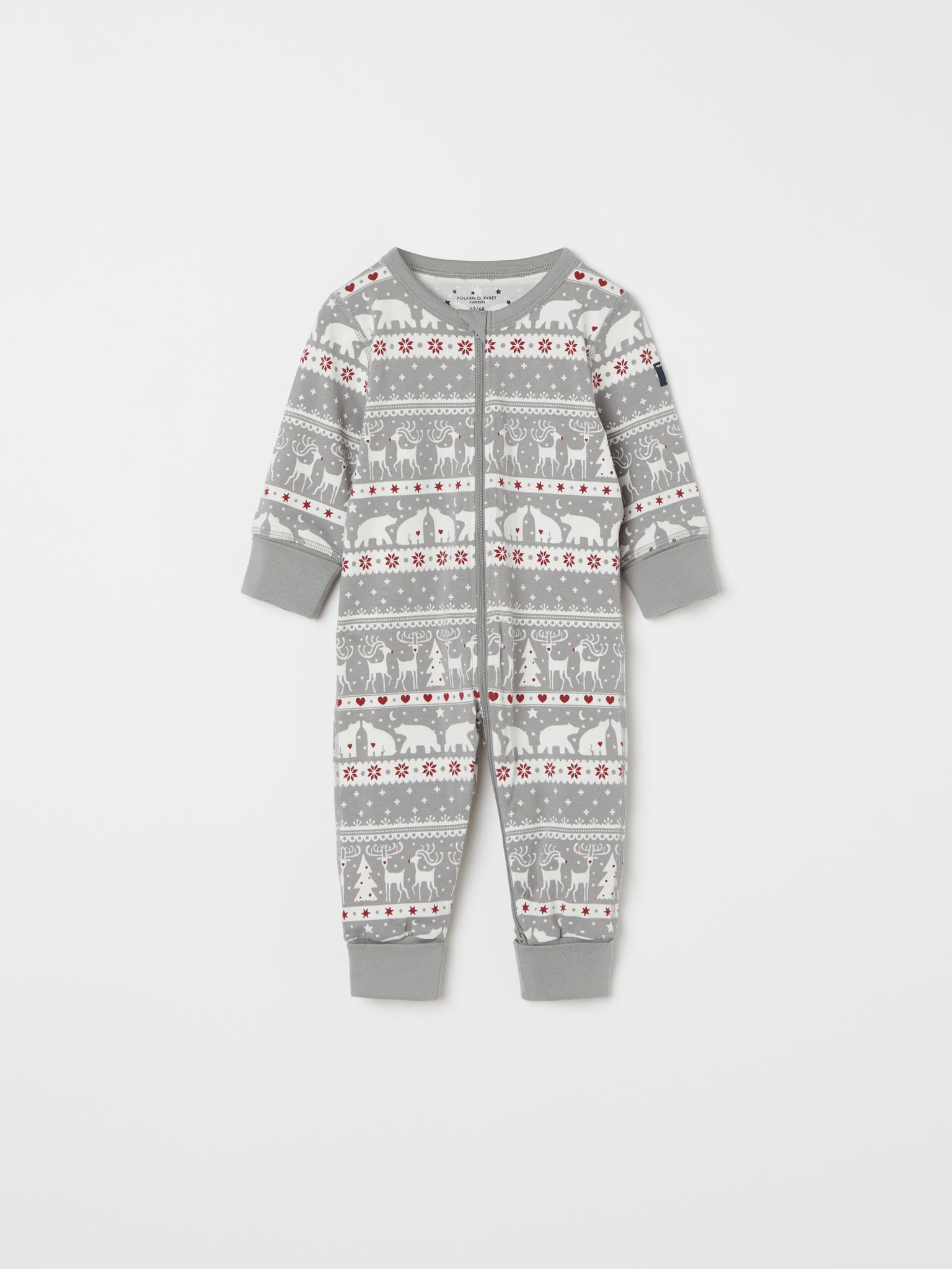 Nordic Christmas Print Baby Sleepsuit from the Polarn O. Pyret baby collection. Ethically produced kids clothing.