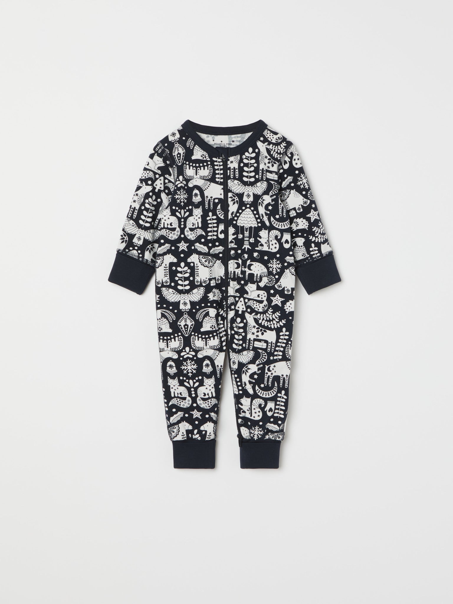 Nordic Christmas Baby Sleepsuit from the Polarn O. Pyret baby collection. Clothes made using sustainably sourced materials.