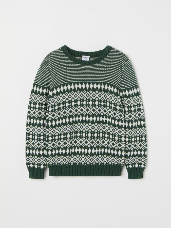 Green Kids Fairisle Jumper from the Polarn O. Pyret kidswear collection. Nordic kids clothes made from sustainable sources.