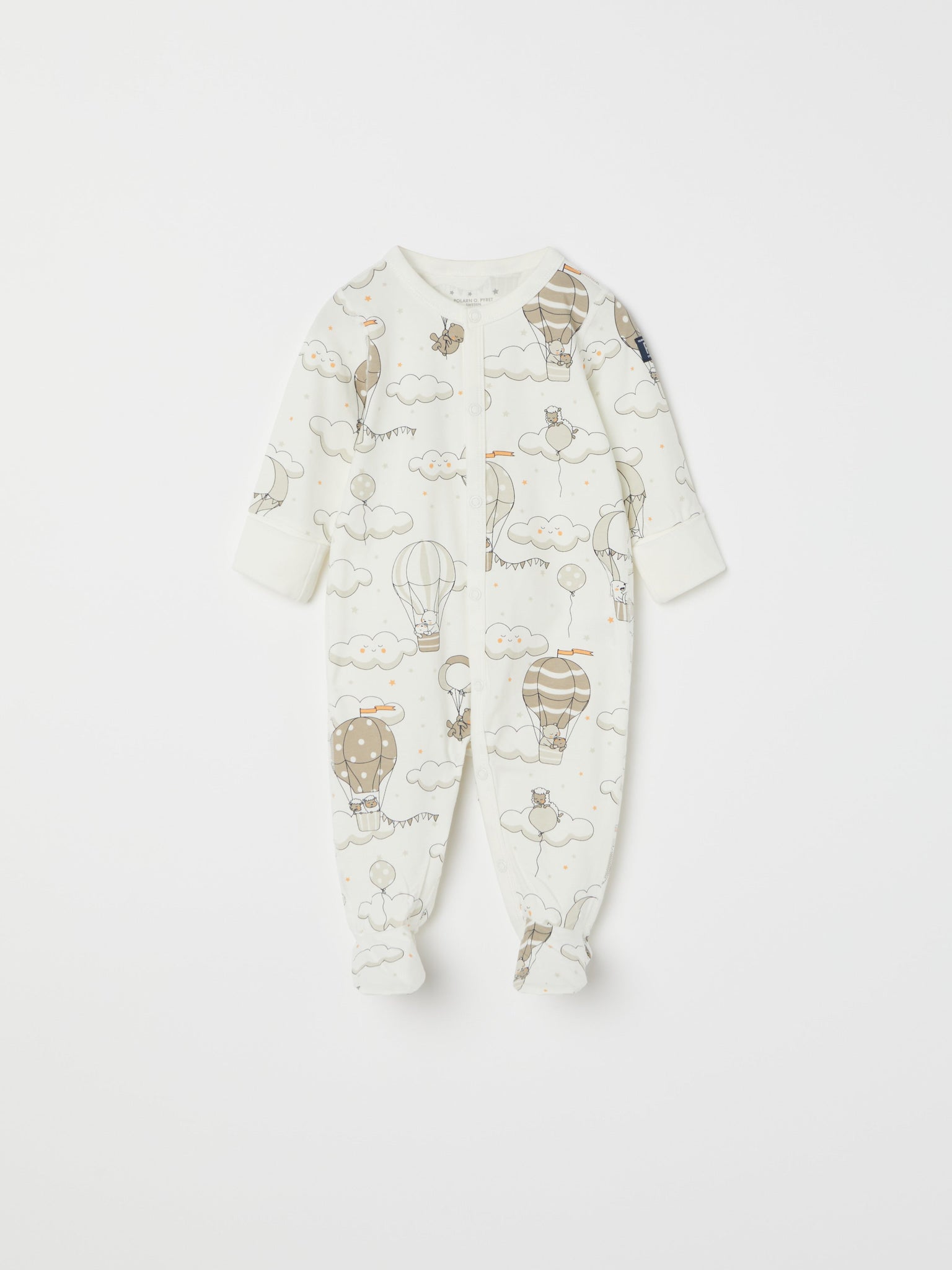 Balloon Print Baby Sleepsuit from the Polarn O. Pyret baby collection. Clothes made using sustainably sourced materials.