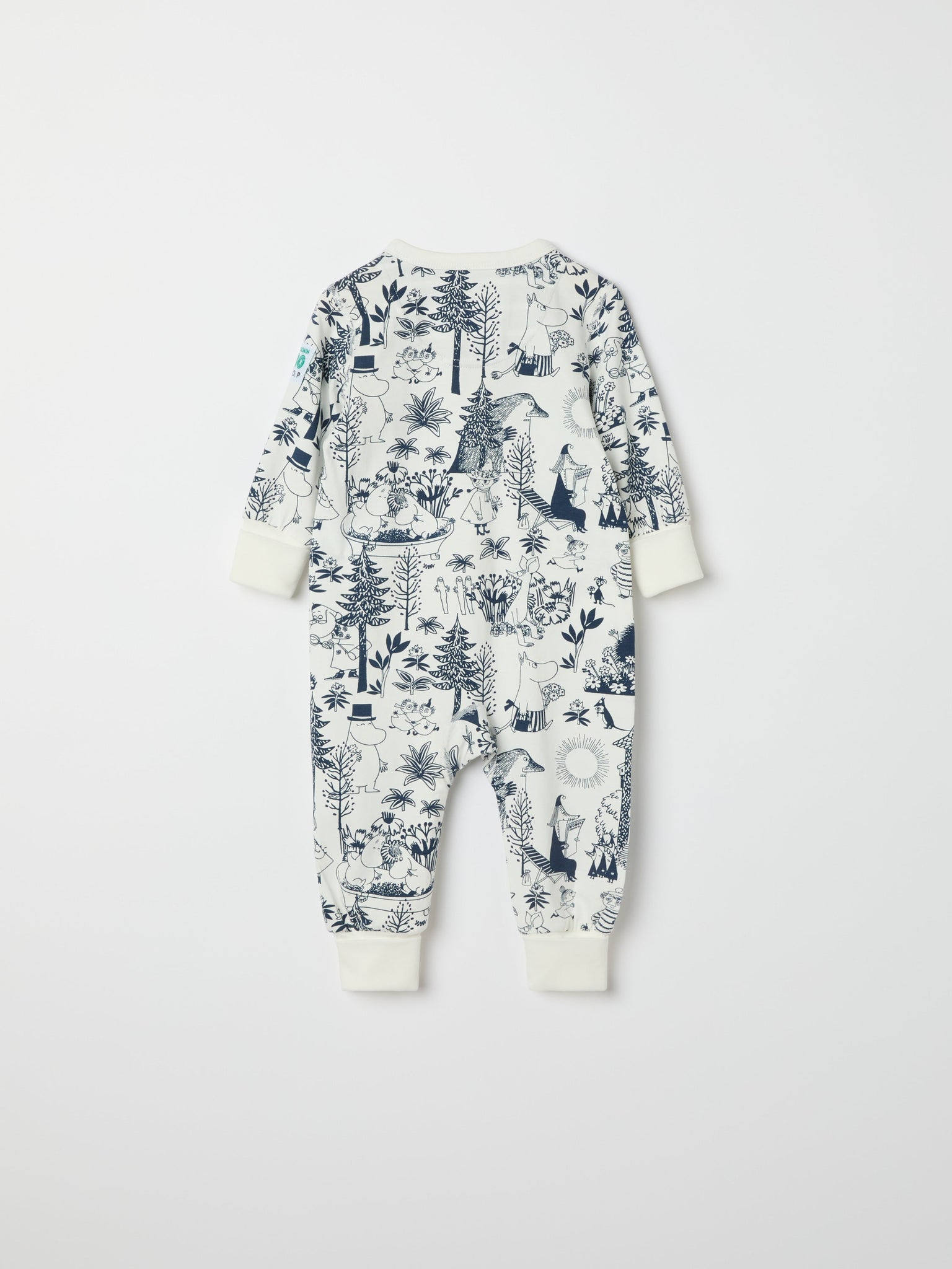 Moomin Print Cotton Baby Sleepsuit from the Polarn O. Pyret baby collection. Clothes made using sustainably sourced materials.