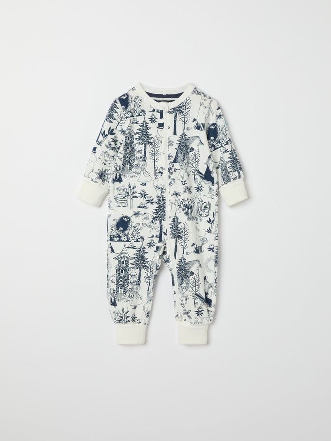 Moomin Print Cotton Baby Sleepsuit from the Polarn O. Pyret baby collection. Clothes made using sustainably sourced materials.