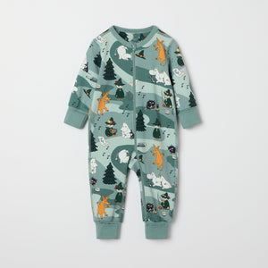 Moomin Print Baby Sleepsuit from the Polarn O. Pyret baby collection. Nordic kids clothes made from sustainable sources.