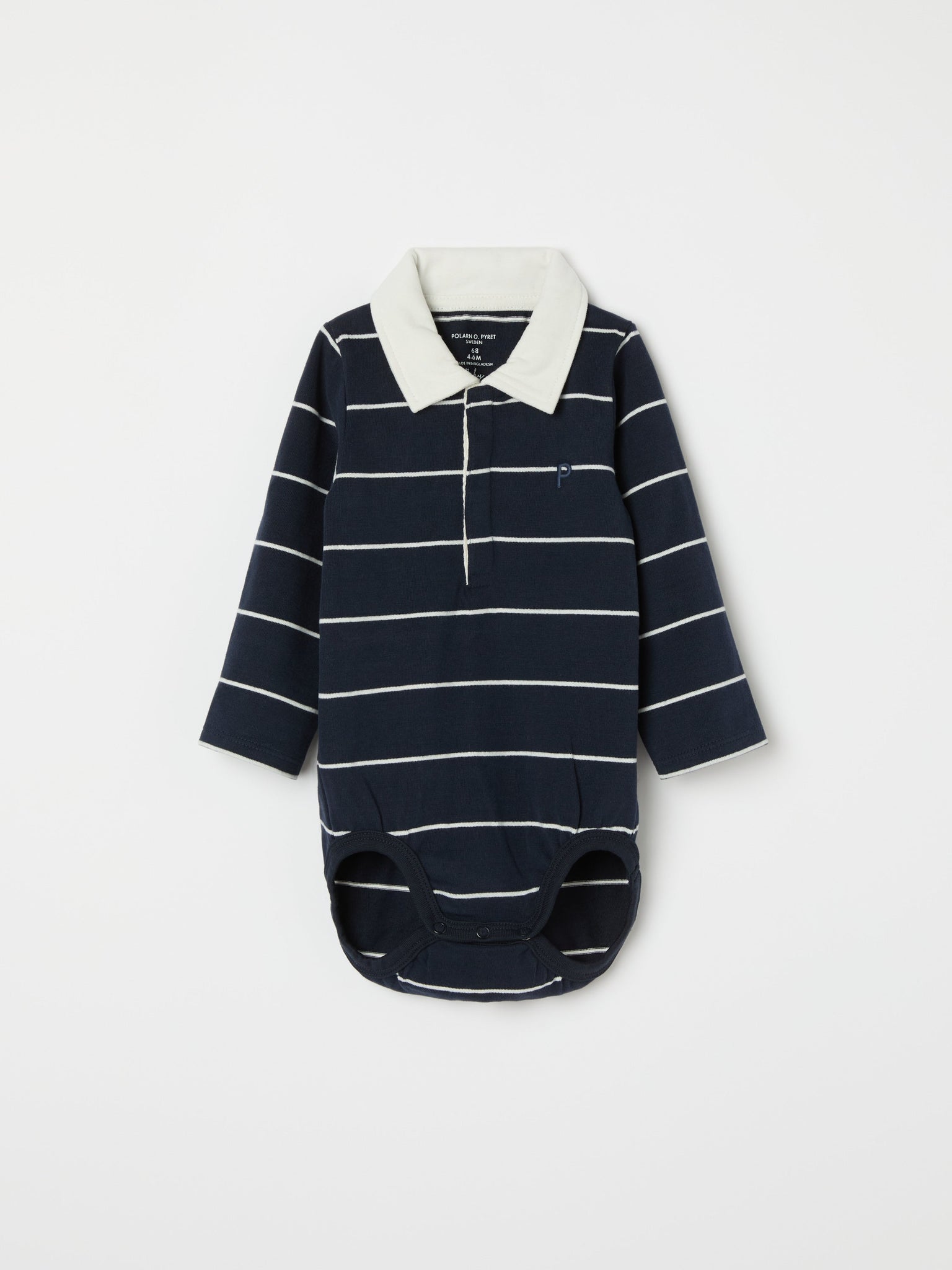 Striped Polo Shirt Babygrow from the Polarn O. Pyret baby collection. Ethically produced kids clothing.