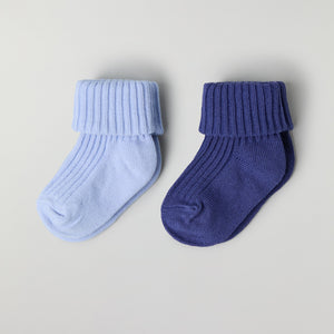 Two Pack Baby Socks in blue from the Polarn O. Pyret baby collection. Ethically produced kids clothing.