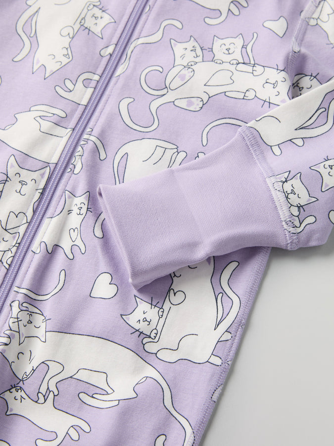 Cat Print Baby Sleepsuit from the Polarn O. Pyret baby collection. Nordic kids clothes made from sustainable sources.