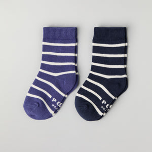 Two Pack Blue Striped Kids Socks from Polarn O. Pyret kidswear. Nordic kids clothes made from sustainable sources.