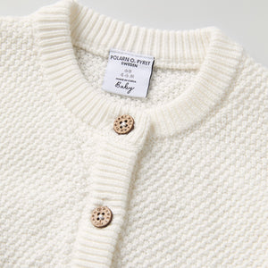 Knitted Organic Cotton Baby Cardigan from the Polarn O. Pyret baby collection. Nordic kids clothes made from sustainable sources.