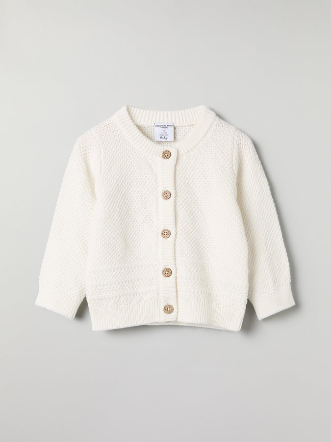 Knitted Organic Cotton Baby Cardigan from the Polarn O. Pyret baby collection. Nordic kids clothes made from sustainable sources.