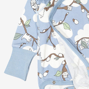 Newborn Organic Cotton Wraparound Babygrow in Blue with Cat Print