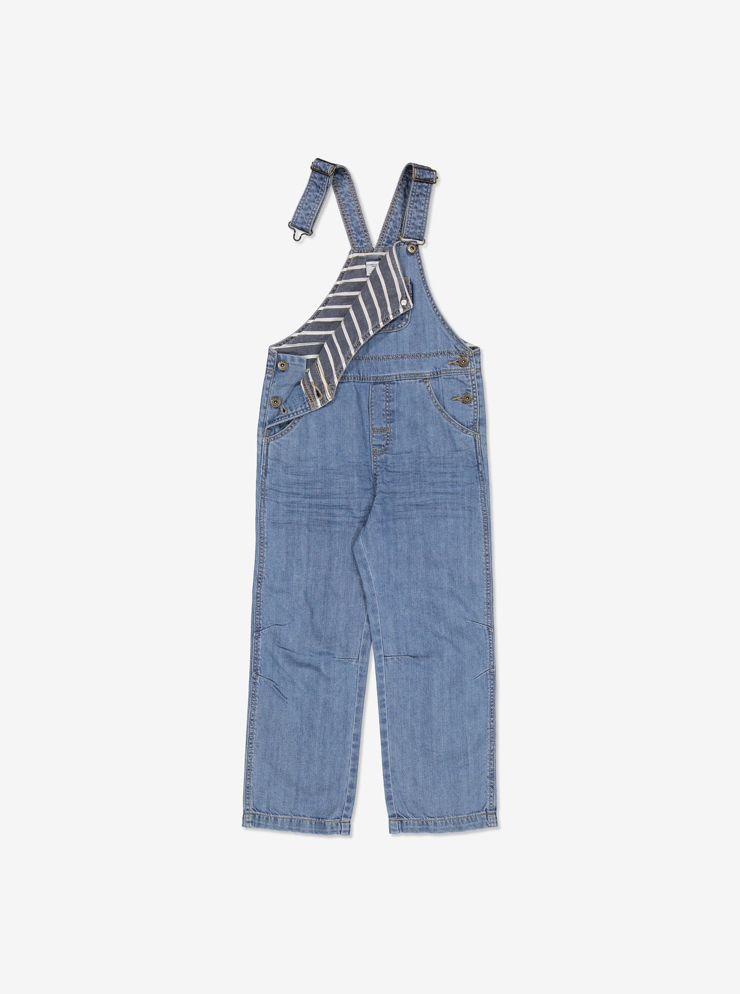 Organic denim unisex jean overalls for toddlers with adjustable shoulder straps, a large chest pocket and two back pockets. 