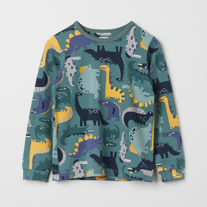 Green Dinosaur Print Kids Top from the Polarn O. Pyret kidswear collection. Ethically produced kids clothing.